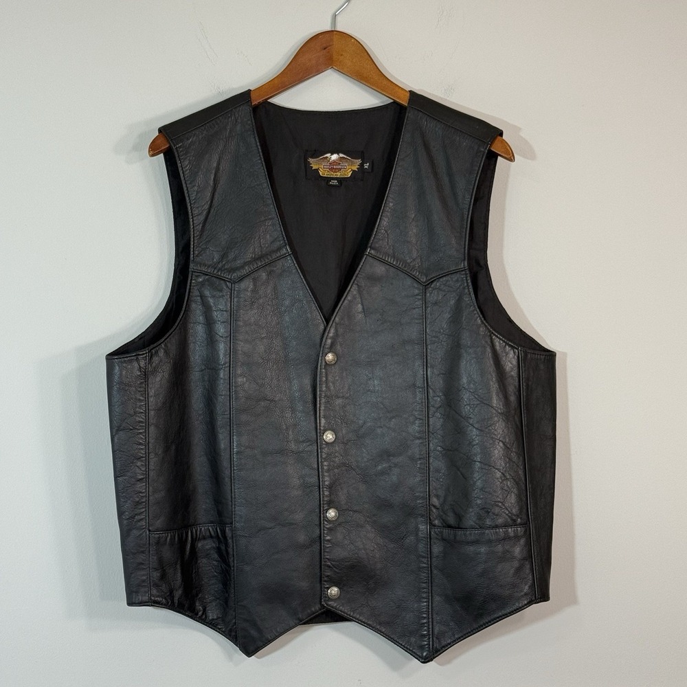 VTG Harley-Davidson Mens XL Black Leather Biker Vest Made in USA Snap Front